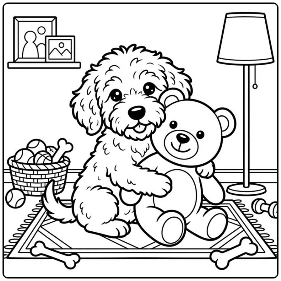 Labradoodle Hugging a Teddy Bear coloring page
