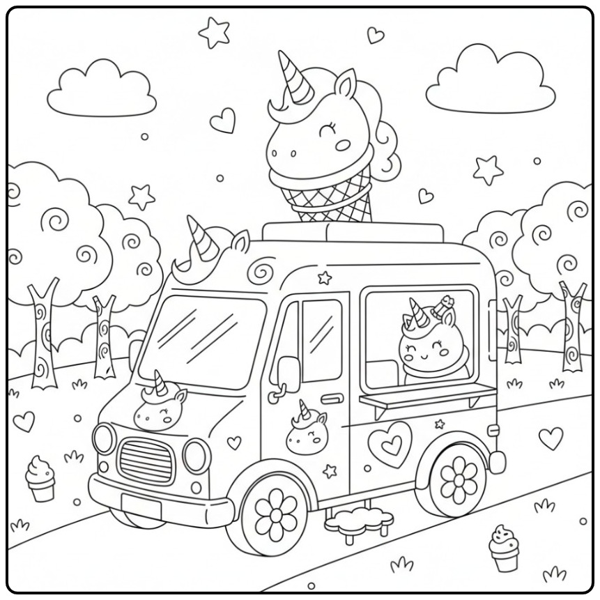 Enchanting Unicorn Ice Cream Truck Full of Sweet Fantasy coloring page