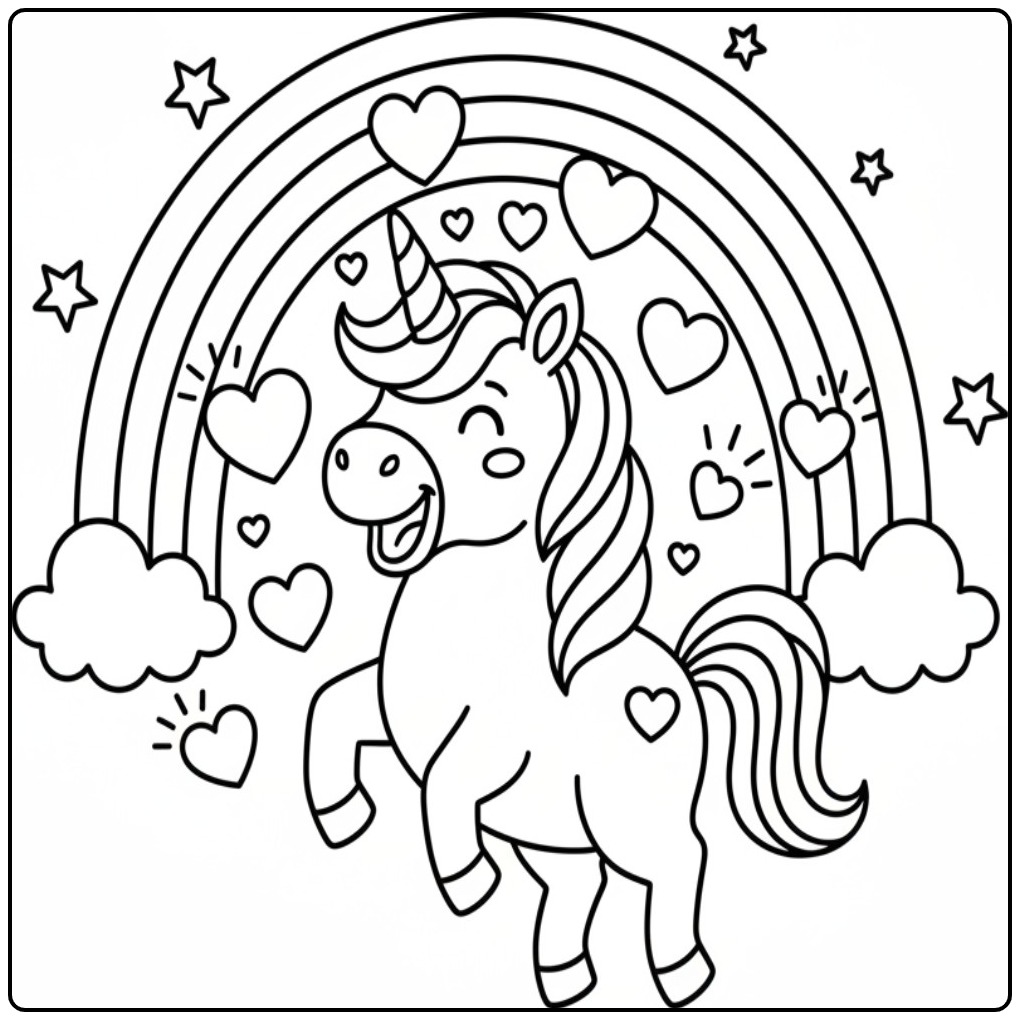 Enchanting Unicorn with Hearts and Rainbow for Imaginative Fun coloring page
