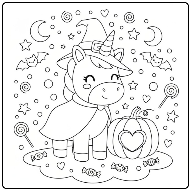 Enchanting Unicorn with Hearts for Halloween Fun coloring page