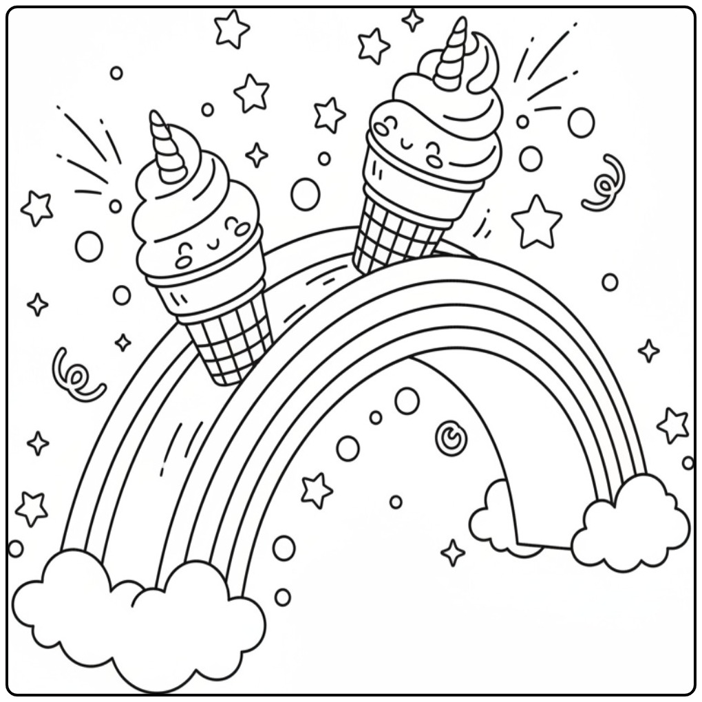 Enchanting Unicorn with Ice Cream and Rainbow for Fun coloring page