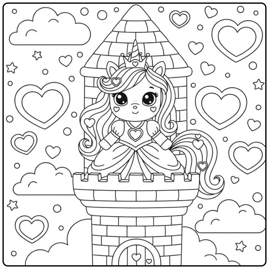 Enchanting Unicorn Princess with Hearts and Clouds coloring page