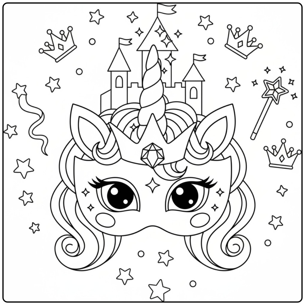 Enchanting Unicorn Prinsessen Mask for a Magical Time coloring page