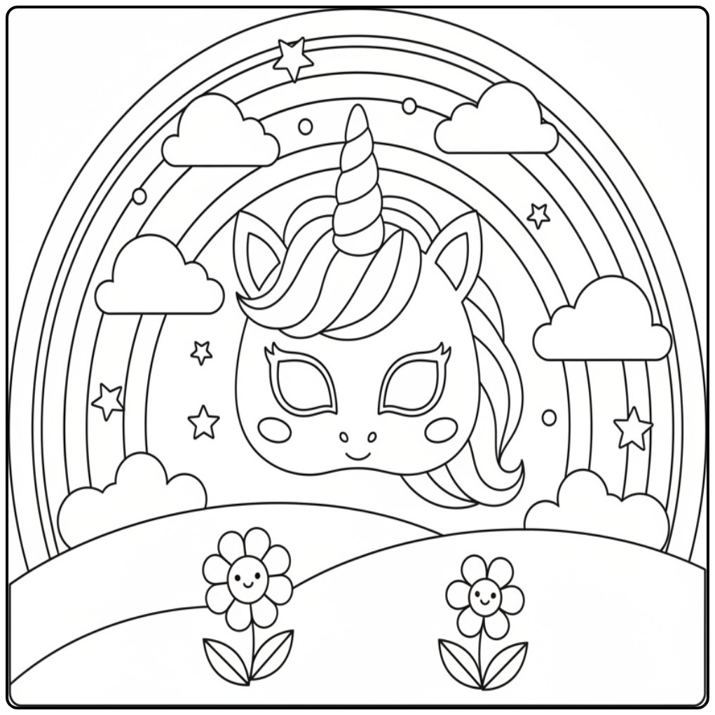 Enchanting Unicorn Rainbow Mask with Stars and Vrolijkheid coloring page