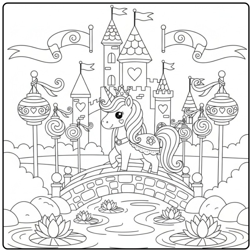 Enchanting Princess Unicorn with Fairy-tale Castle and Bridge coloring page