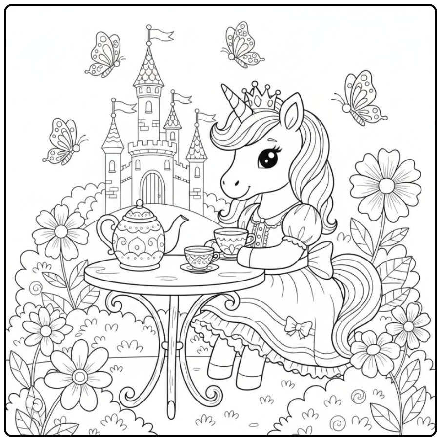 Enchanting Princess Unicorn for a Theeparty coloring page