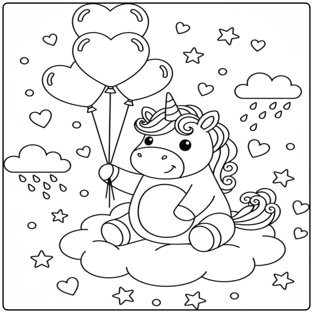 Enchanting Unicorn Hearts on Cloud with Balloons coloring page