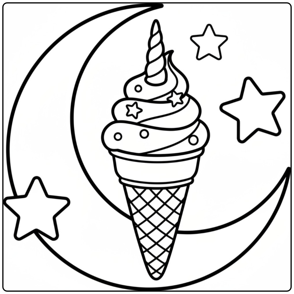 Enchanting Unicorn Ice Cream Under a Magical Moonlit Sky coloring page