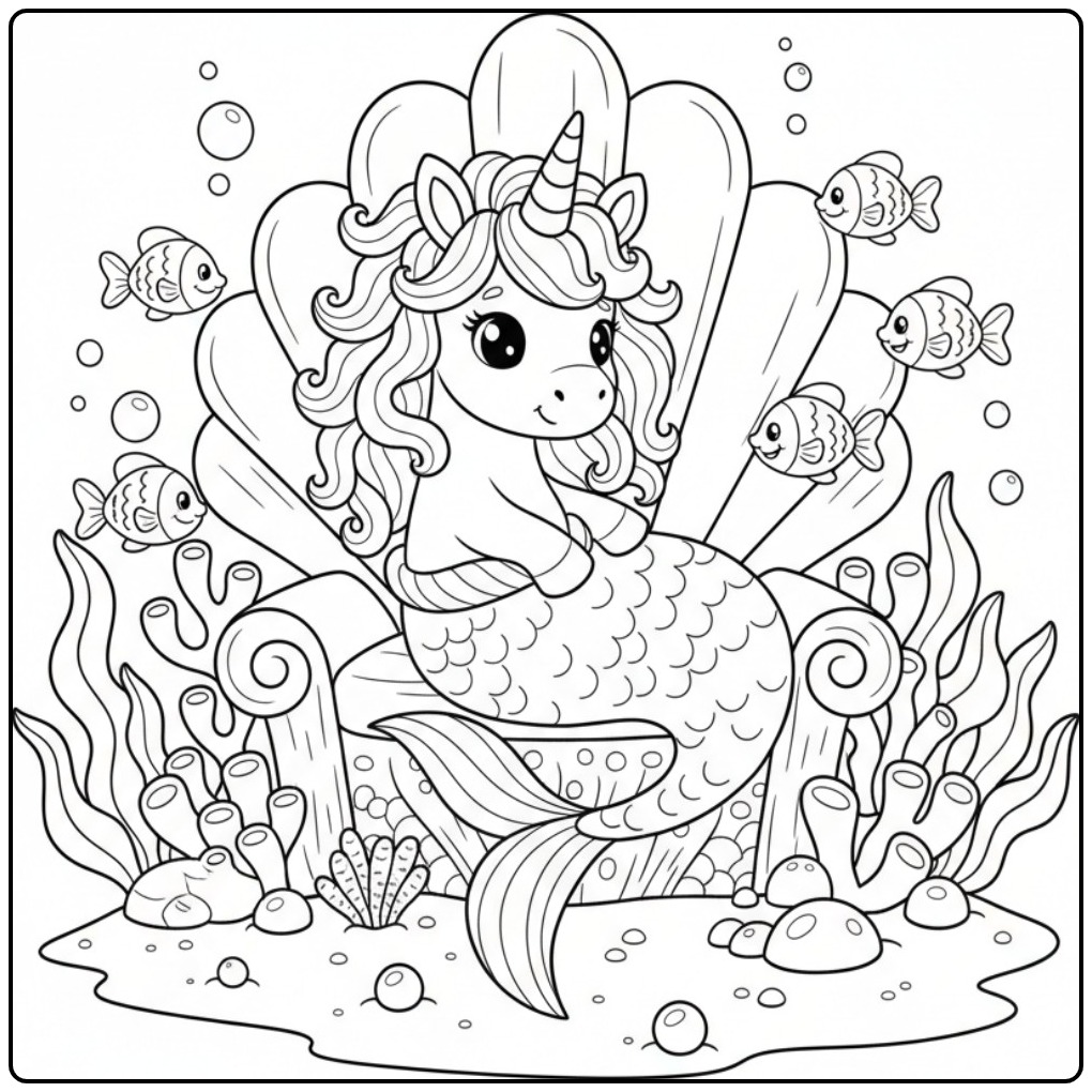 Enchanting Unicorn Mermaid with Cheerful Fish coloring page