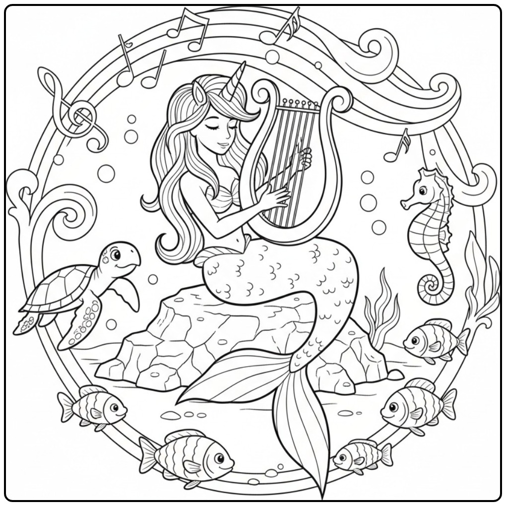 Enchanting Unicorn Mermaid Playing on Her Harp coloring page