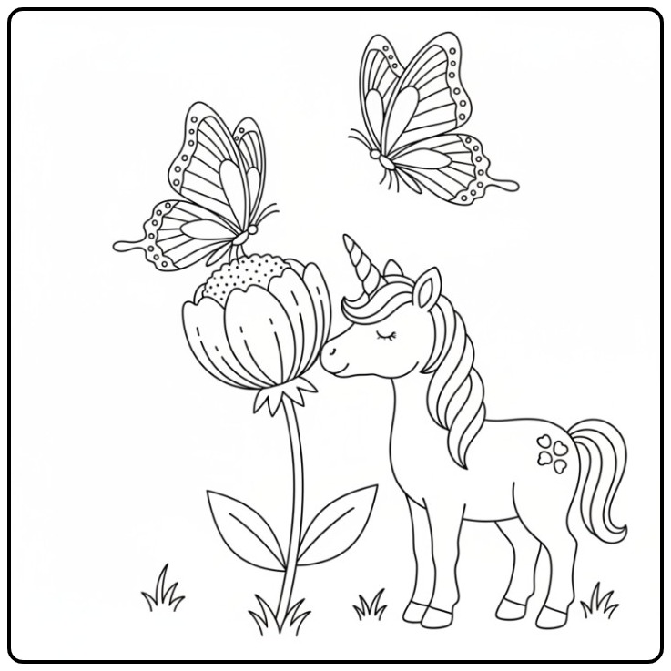 Enchanting Butterflies Unicorn with Blooming Flower coloring page