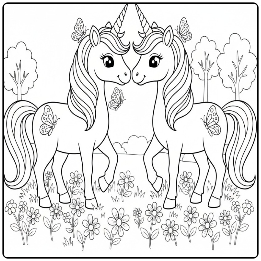 Enchanting Butterflies Unicorn in Flower Field coloring page