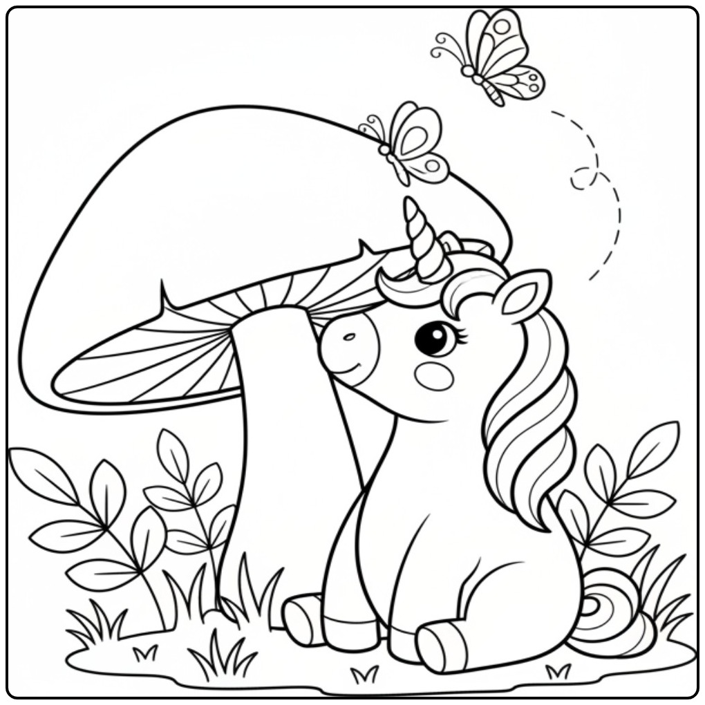 Enchanting Butterflies Unicorn with Mushroom coloring page
