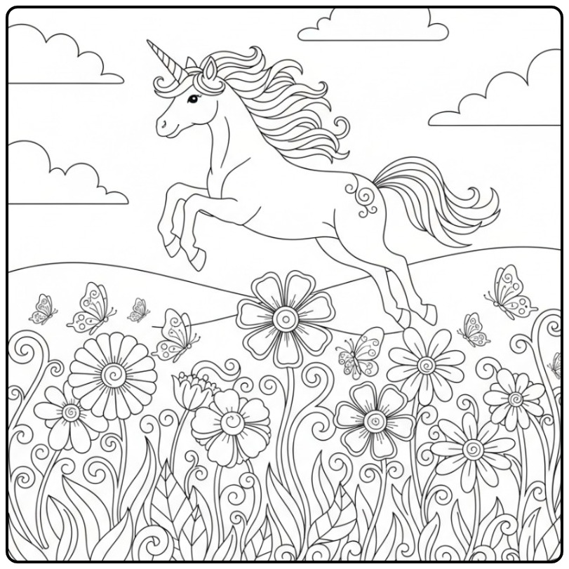 Enchanting Butterflies Unicorn Among the Veldbloemen coloring page