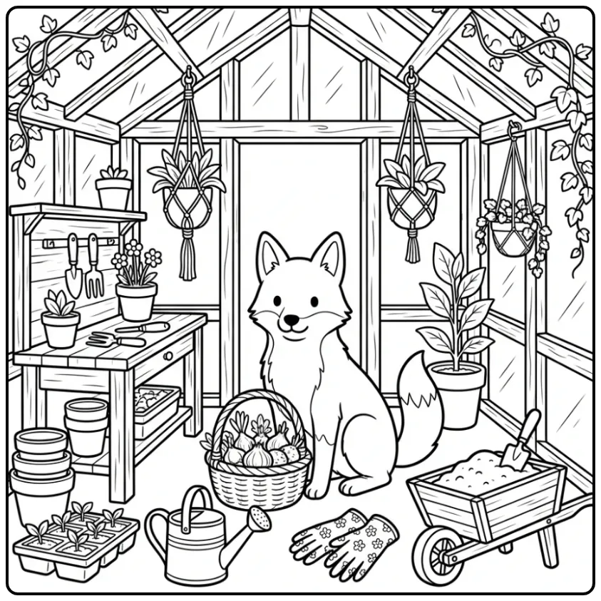 Boerenfox Guarding Flower Bulbs in a Greenhouse coloring page