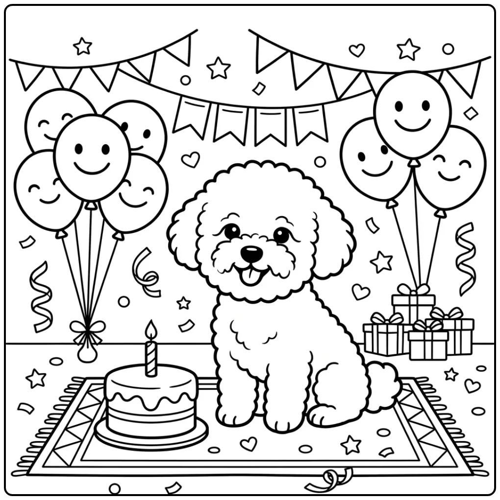 Bichon Frise with a Festive Cake coloring page
