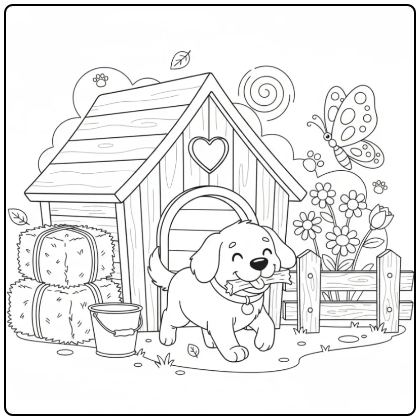 Happy Dog with a Stick by a Farm Doghouse coloring page