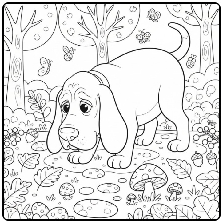 Bloodhound Sniffing a Trail in the Forest coloring page