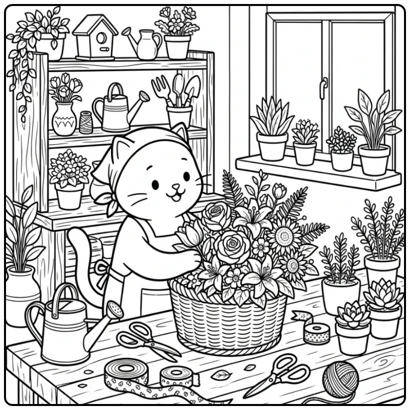 Difficult Cat coloring page florist with flowers