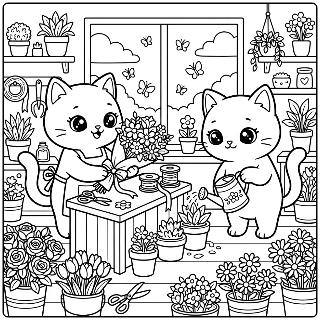 Florist Cats with Bouquets and Butterflies coloring page