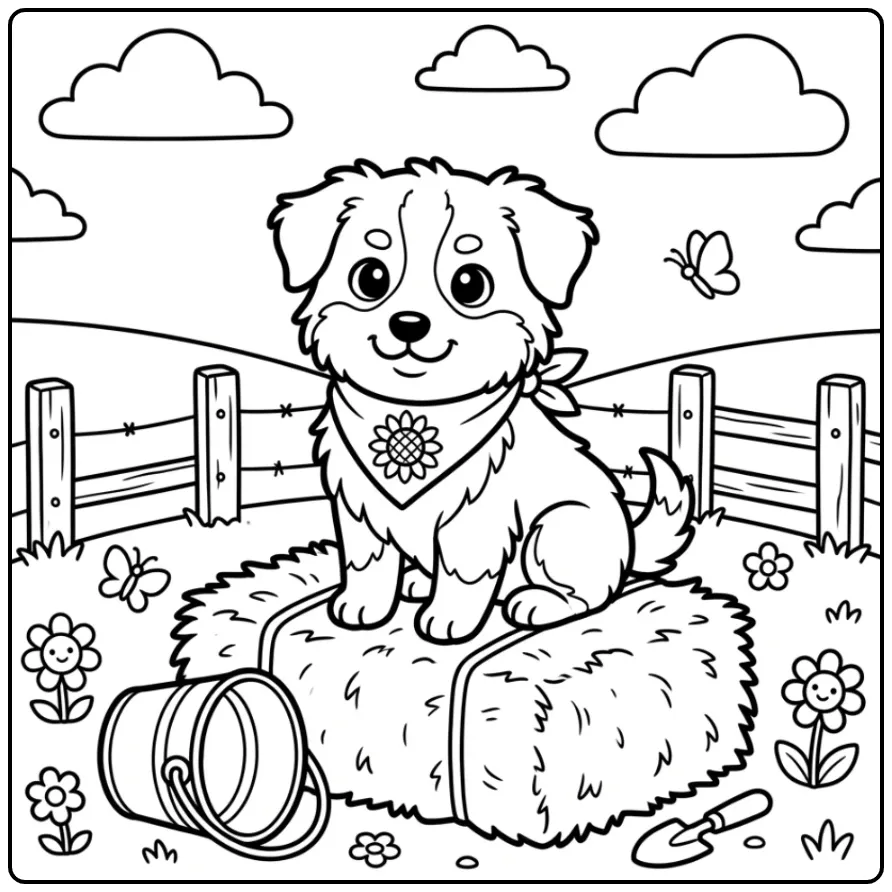 Farm Cute Puppy with Sunflower Bandana coloring page