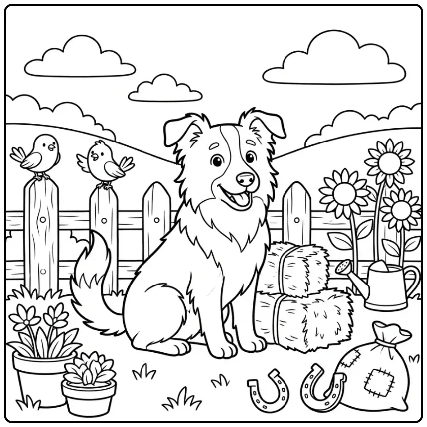 Cute Dog Farm Scene coloring page
