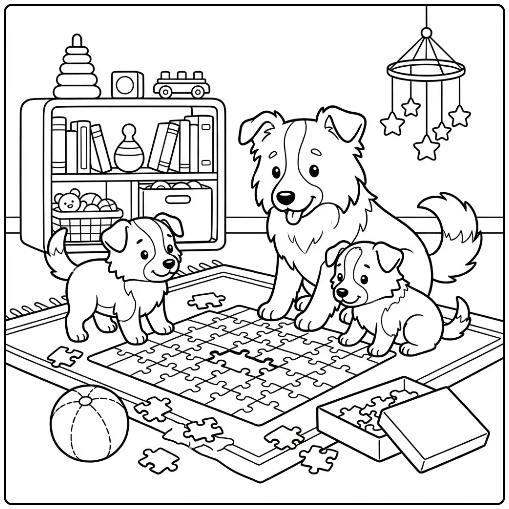 Border Collie and Puppies Working on a Puzzle coloring page