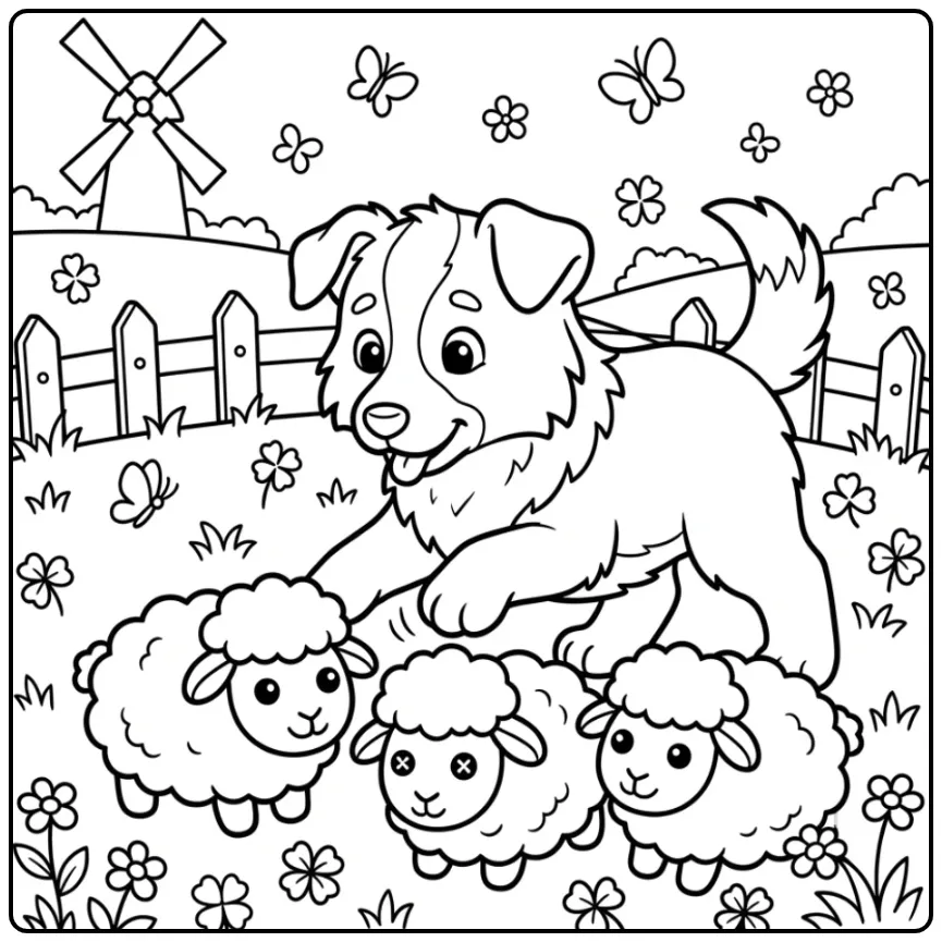 Easy Border Collie Puppy in the Meadow coloring page