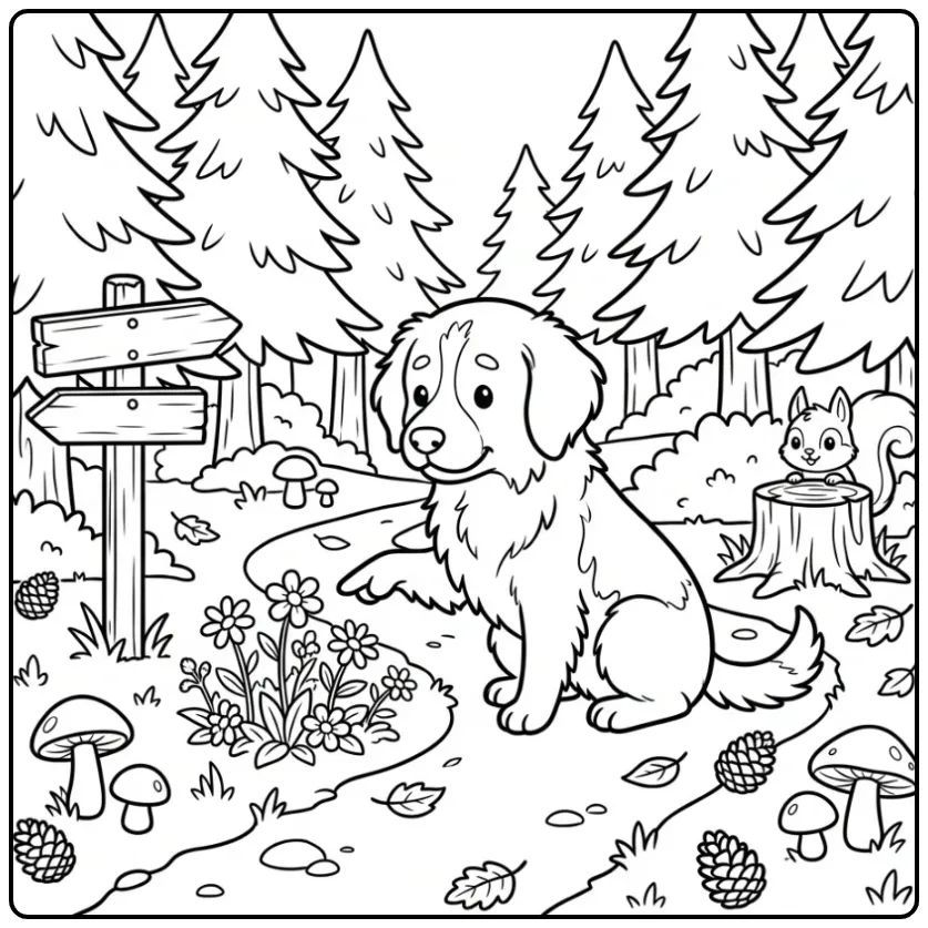 Drentsche Patrijshond on a Forest Path coloring page
