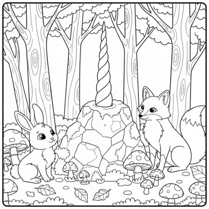 Forest Friends Discovering a Unicorn Horn coloring page
