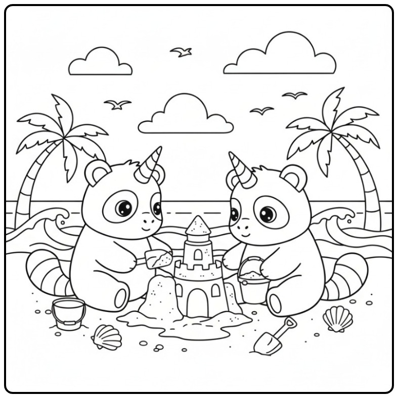 Building a Sand Castle with This Unicorn Panda 1 coloring page