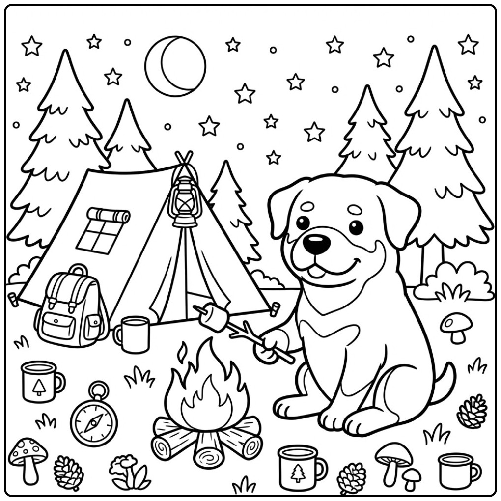 Rottweiler Roasting a Marshmallow at Camp coloring page