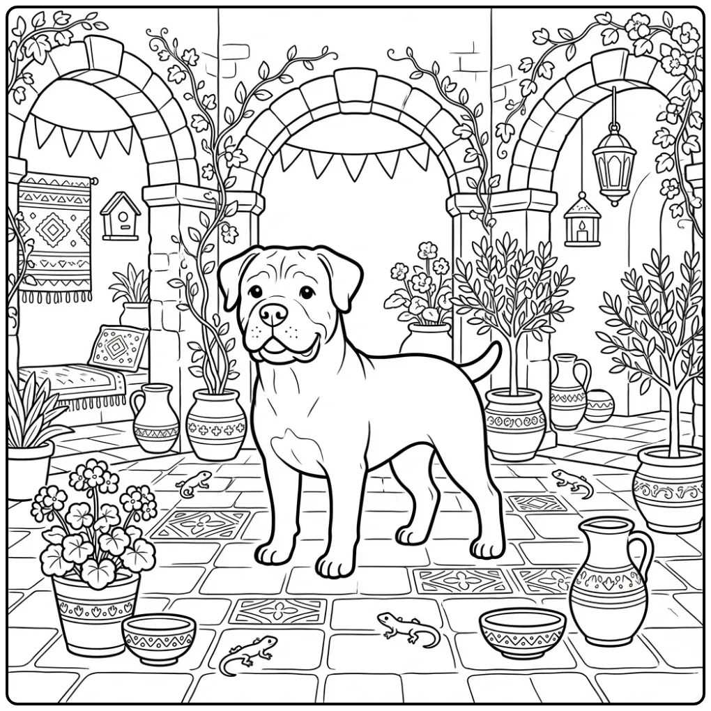 Cane Corso in an Italian Courtyard coloring page