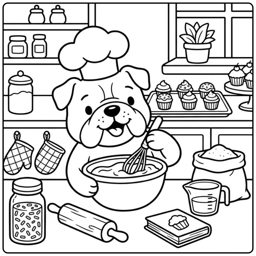 Bulldog Chef Baking Cupcakes coloring page
