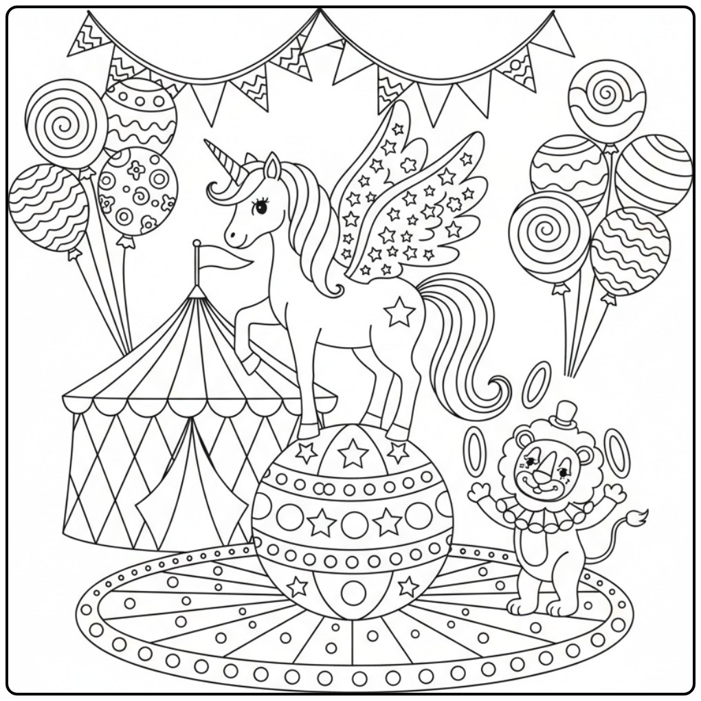 Circus Unicorn with Wings and a Lion coloring page