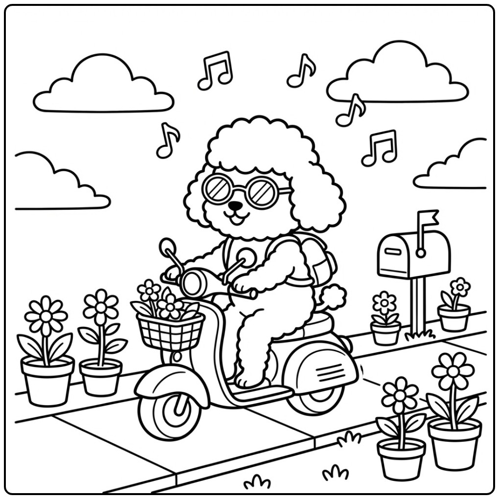 Cool Poodle with Sunglasses on a Vespa Scooter coloring page