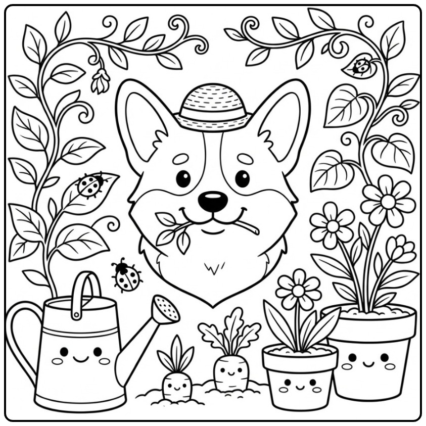 Corgi Dog Head Helping in the Garden coloring page
