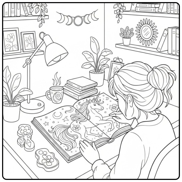 Creative Moment with a Unicorn Easy at Table coloring page