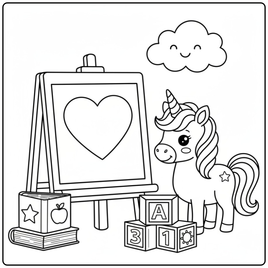 Creative Baby Unicorn School Supplies coloring page