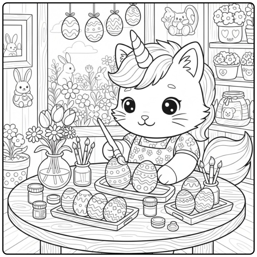Creative Unicorn Cat Easter for Children coloring page