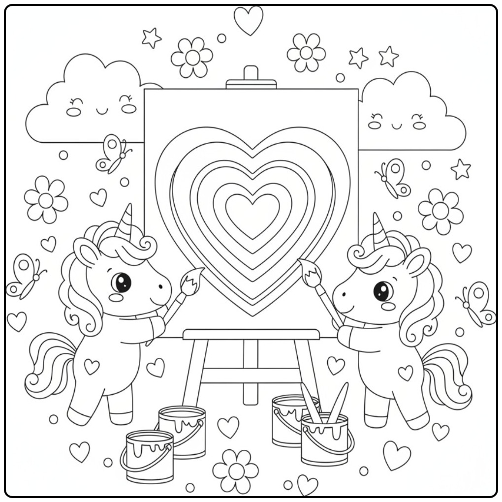 Creative Unicorns on the Unicorn Hearts Rainbow Castle coloring page