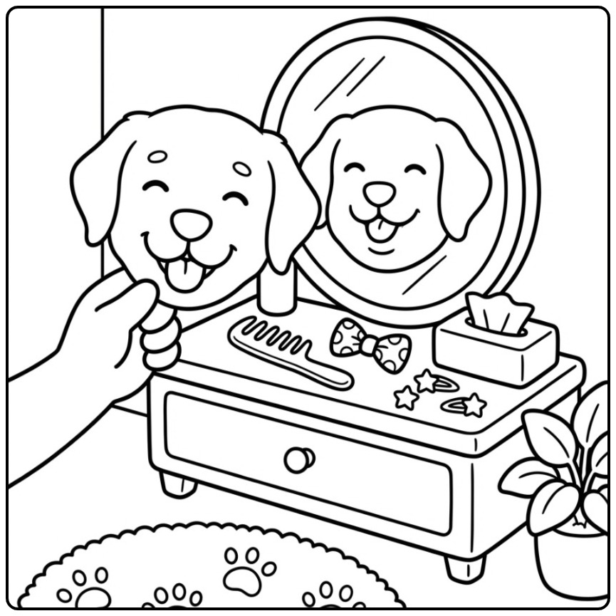 Golden Retriever Dog Mask on a Vanity Table coloring page