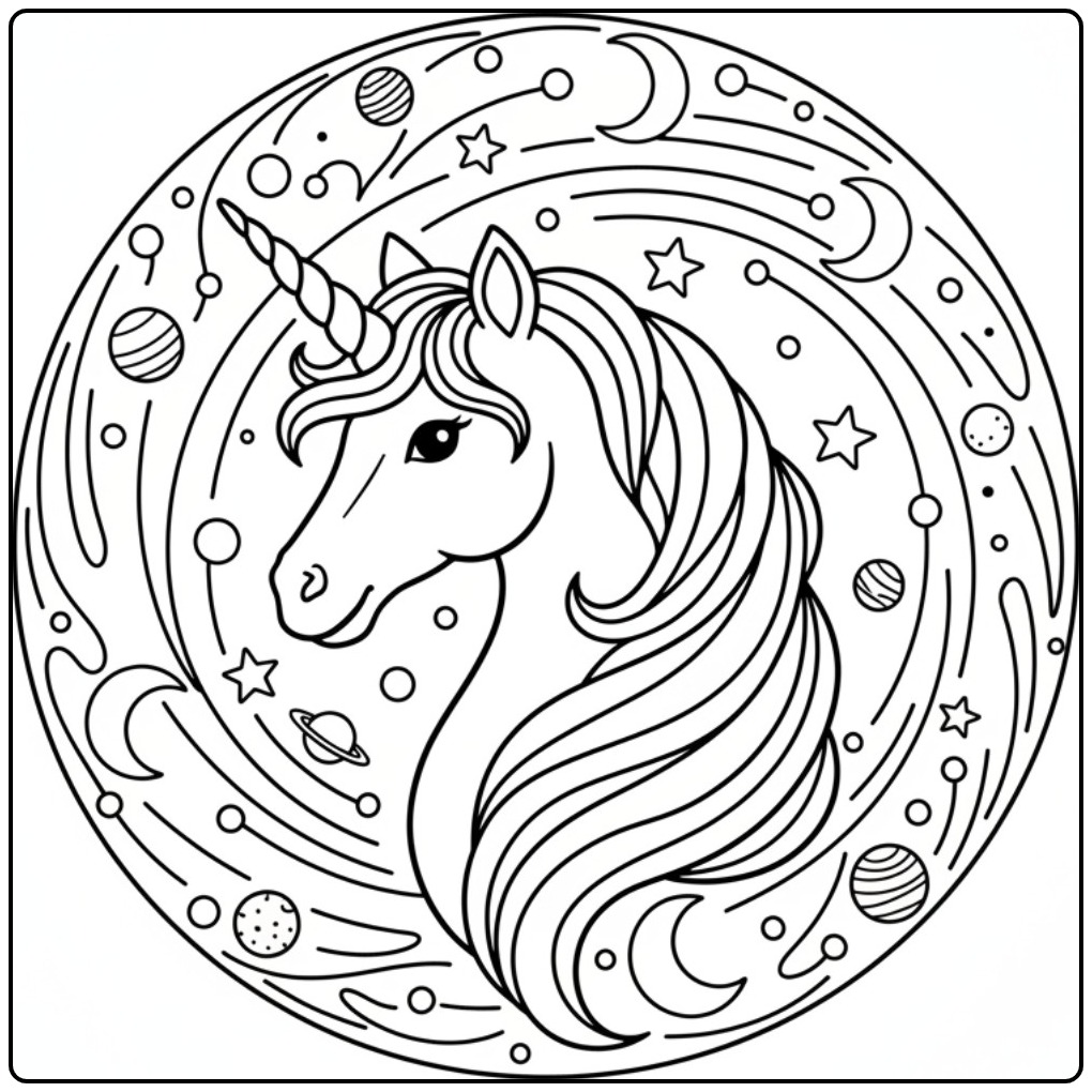 Creative Unicorn Head in a Cosmic Mandala coloring page