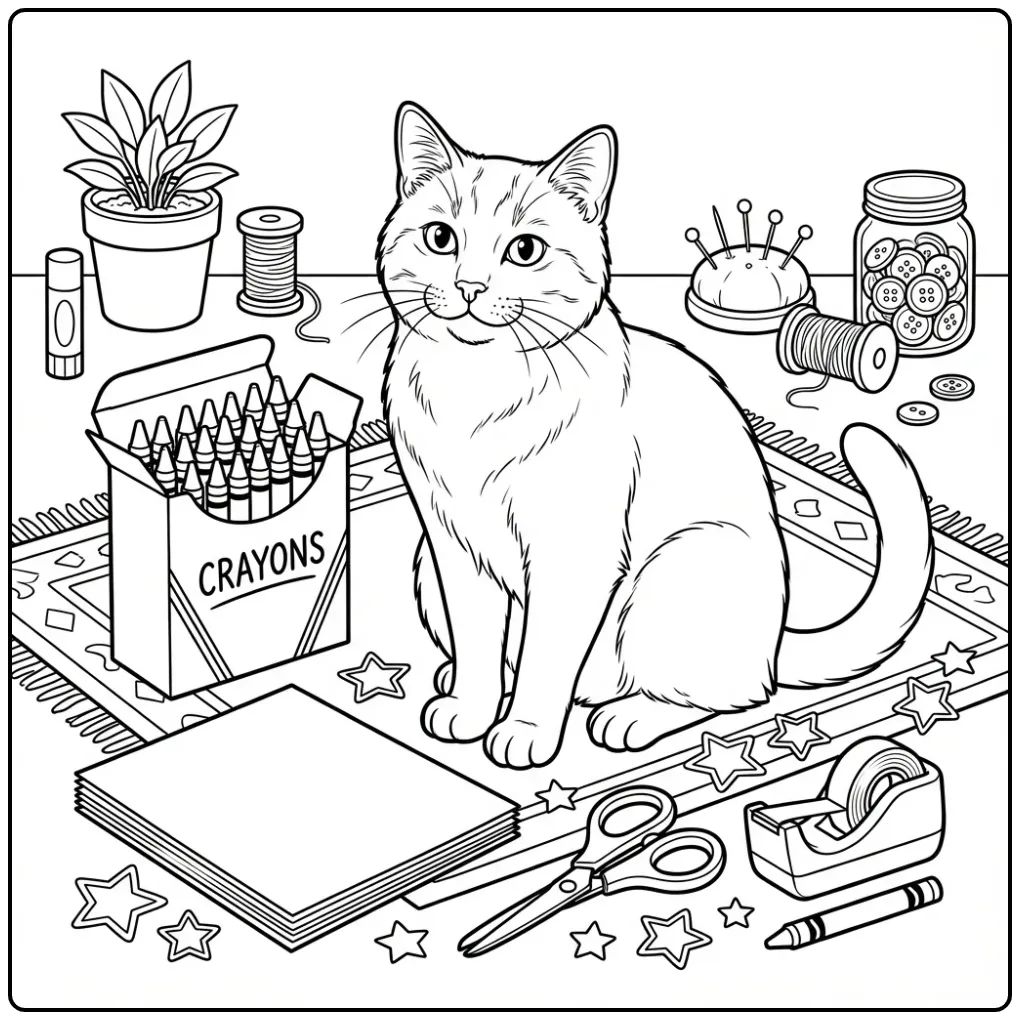 Cat coloring page in a craft corner with crayons