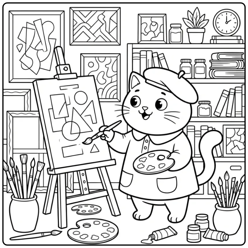 Difficult Cat coloring page with easel and brushes