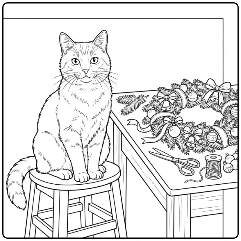 Christmas Cat coloring page by a wreath craft