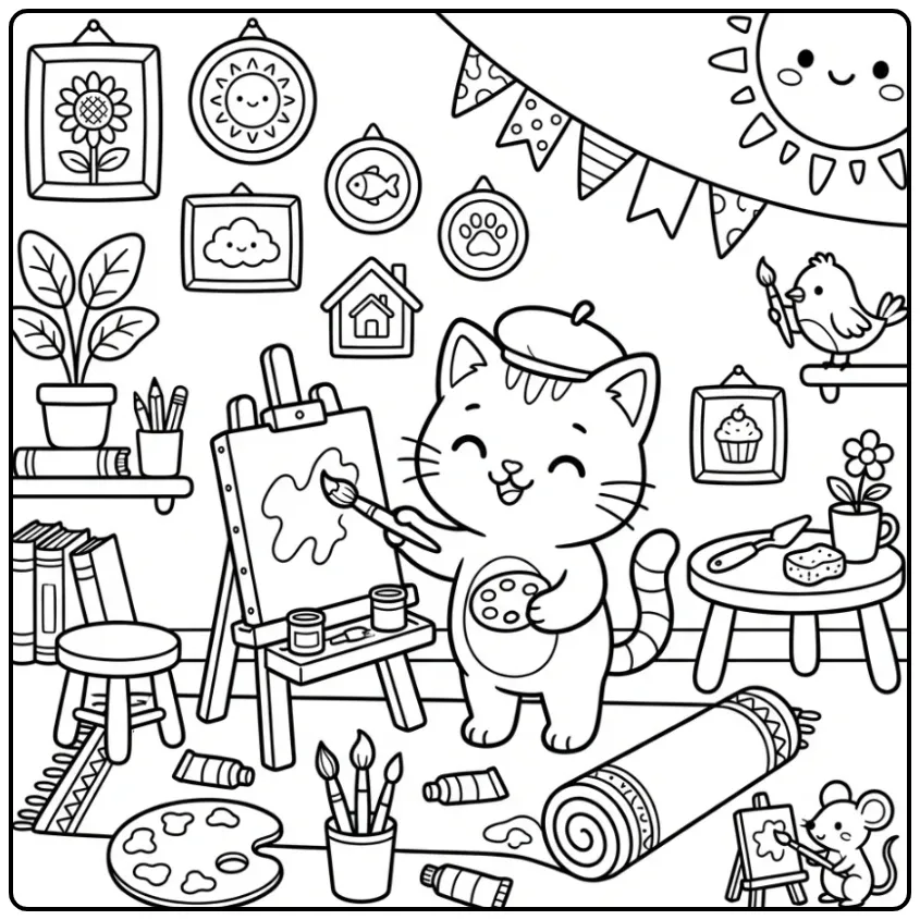 Creative Kitten Artist coloring page
