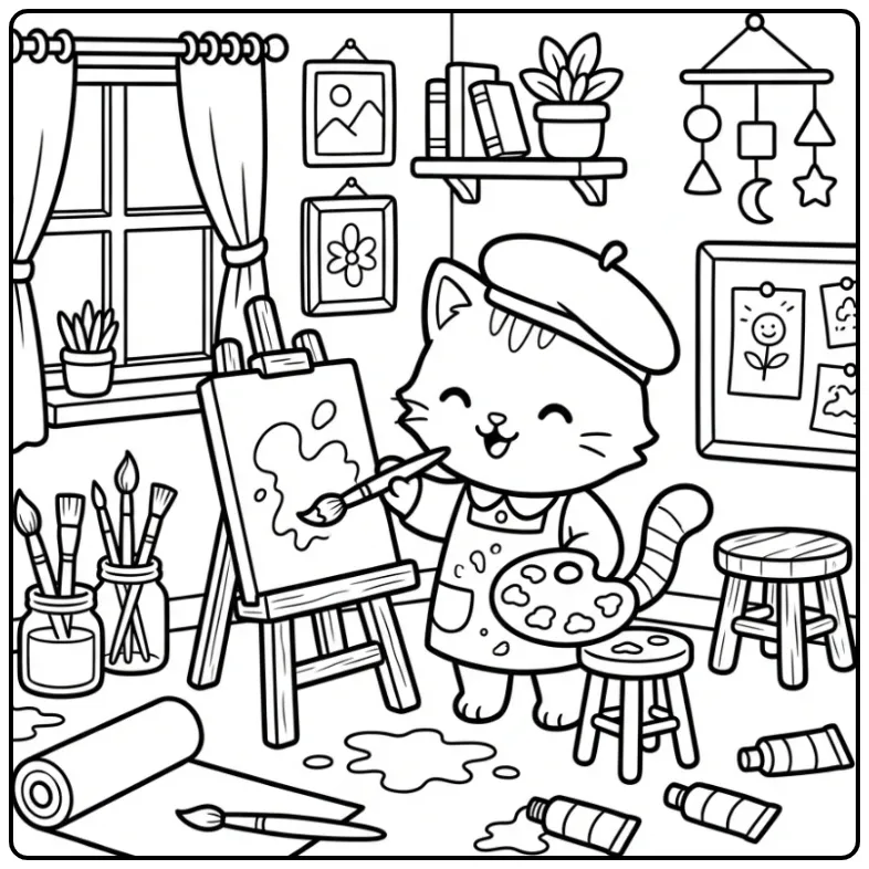 Creative Kitten Painting a Picture coloring page