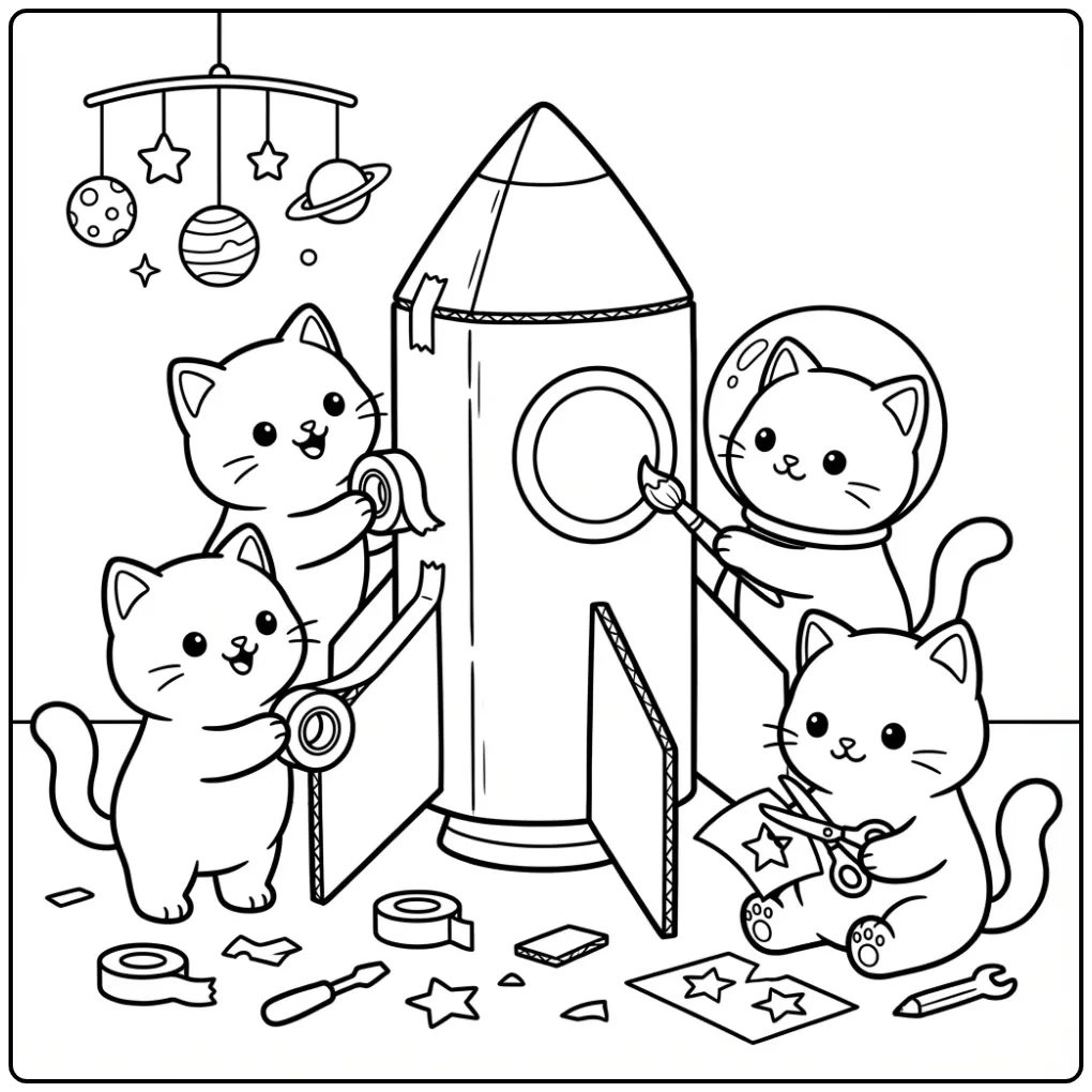 Creative Kittens Building a Rocket for Space coloring page