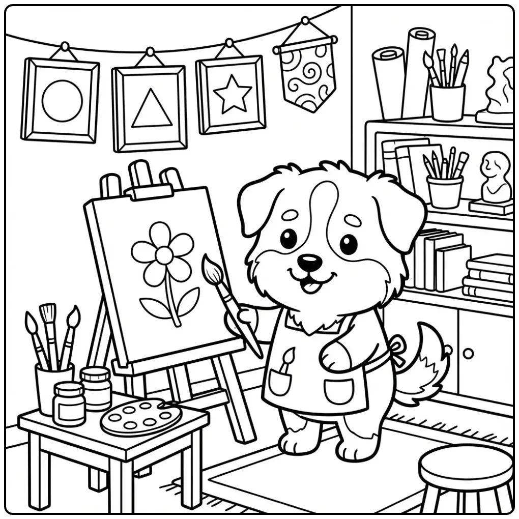 Creative Puppy Painting with Brushes coloring page